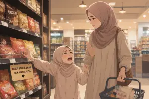 lustrasi anak meminta jajan kepada ibu di toko